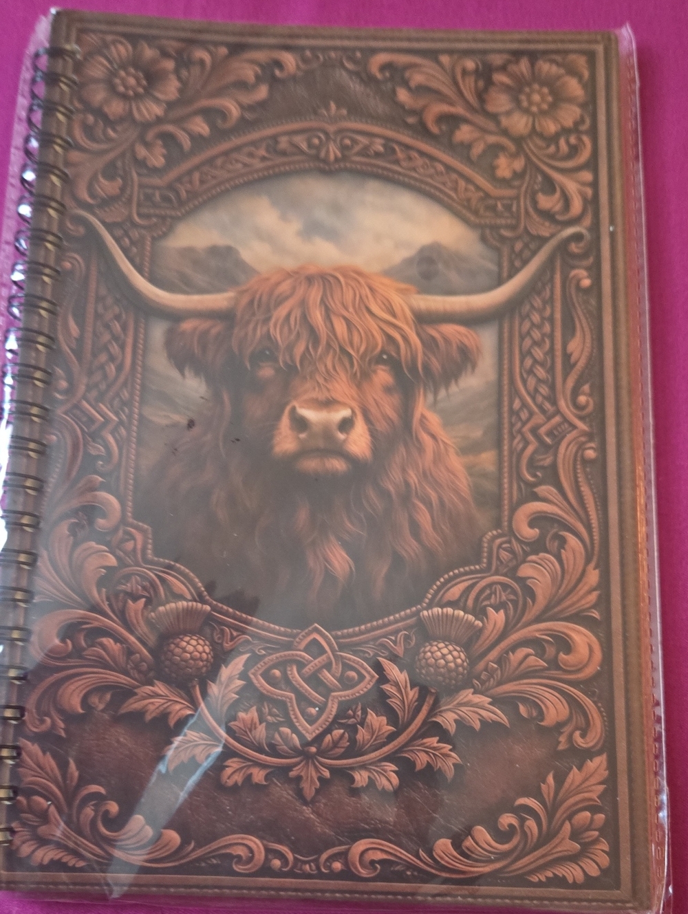Western Leather-Effect Highland Cow Spiral Notebook - Brown